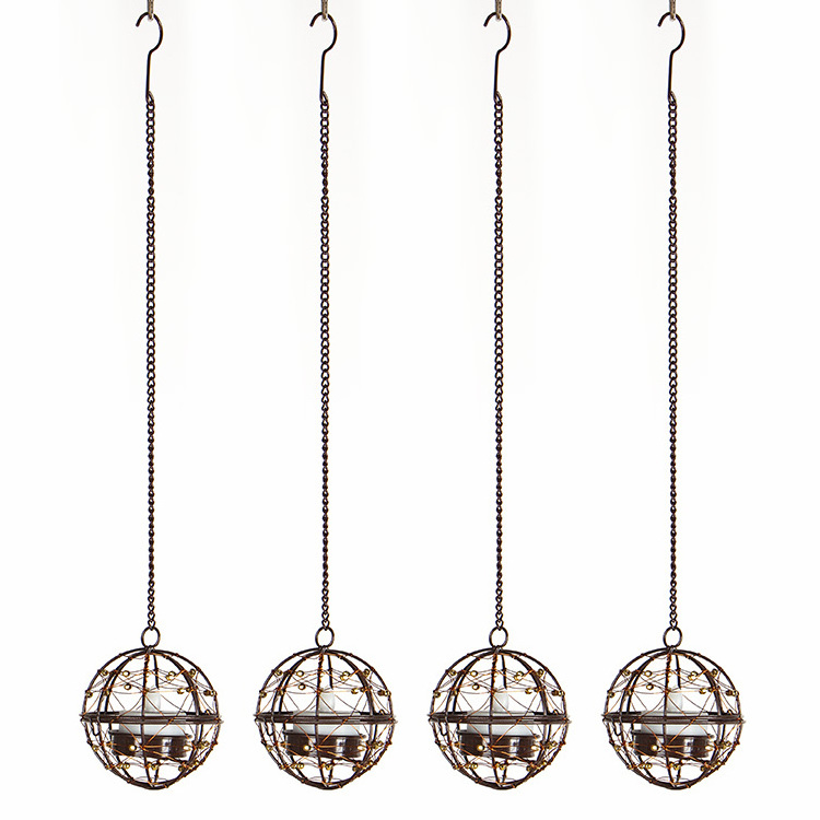 Solar Lights Outdoor Hanging Lanterns Beaded Copper Wire Ball Candle Holder with Solar Tea Lights