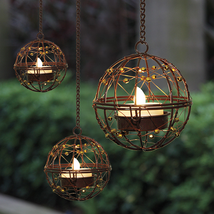 Solar Lights Outdoor Hanging Lanterns Beaded Copper Wire Ball Candle Holder with Solar Tea Lights