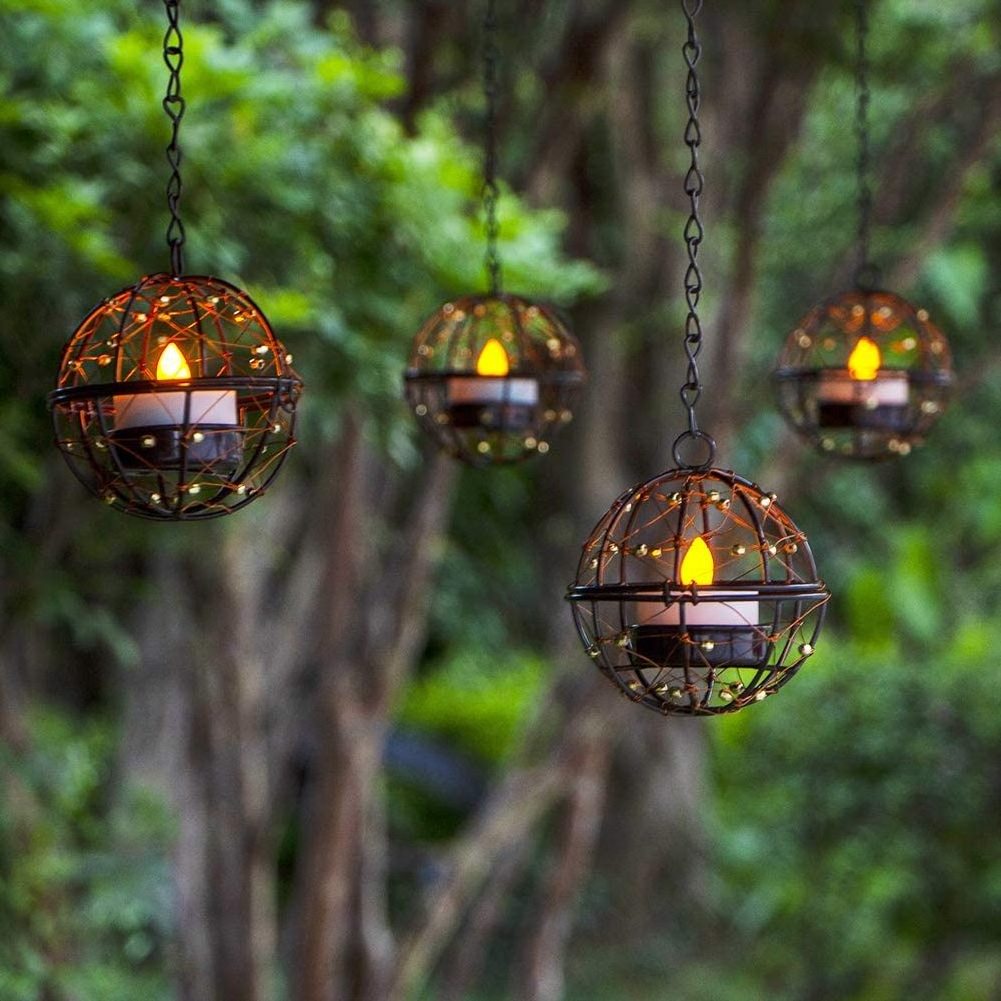 Solar Lights Outdoor Hanging Lanterns Beaded Copper Wire Ball Candle Holder with Solar Tea Lights