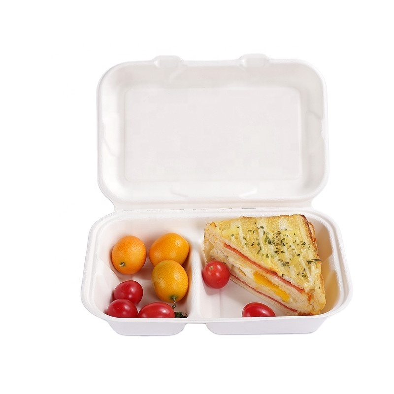 disposable biodegradable take away food container 3 compartments pulp burger box