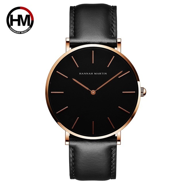 Hannah Martin simple Rose Gold Case Men Leather Waterproof Women Alloy Round Buckle Pointer japan movement quartz Wrist watch