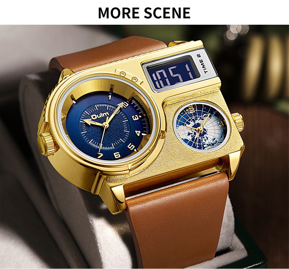 Olum Authentic Tide Brand Large Dial Quartz Leather Sports Casual Cross-border Hot Sale Gold Men's Watch