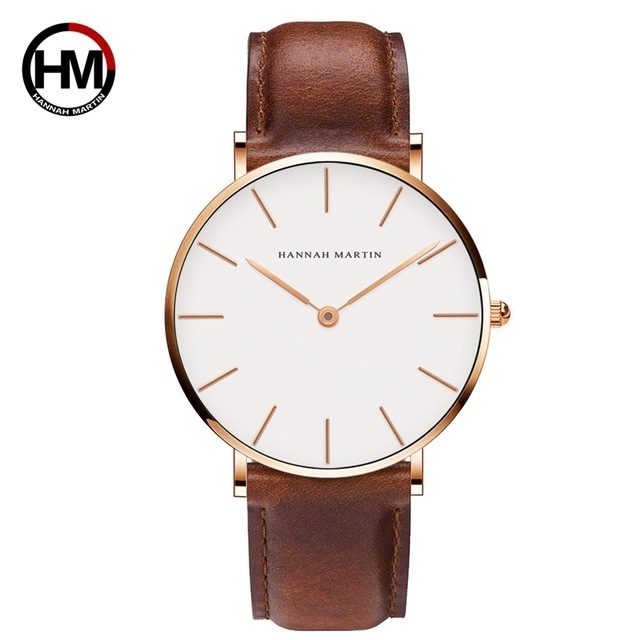 Hannah Martin simple Rose Gold Case Men Leather Waterproof Women Alloy Round Buckle Pointer japan movement quartz Wrist watch