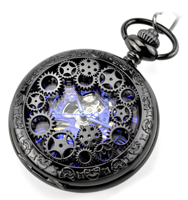 Fashion Blue Analog Hollow Case Men Manual Mechanical Movement Pocket Watch With Long Chain Steampunk Hand Winding Clock Gift