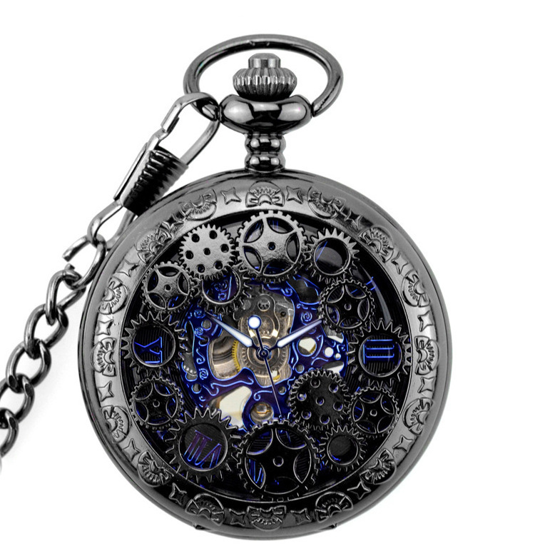 Fashion Blue Analog Hollow Case Men Manual Mechanical Movement Pocket Watch With Long Chain Steampunk Hand Winding Clock Gift