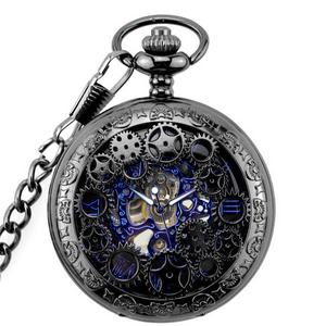 Fashion Blue Analog Hollow Case Men Manual Mechanical Movement Pocket Watch With Long Chain Steampunk Hand Winding Clock Gift