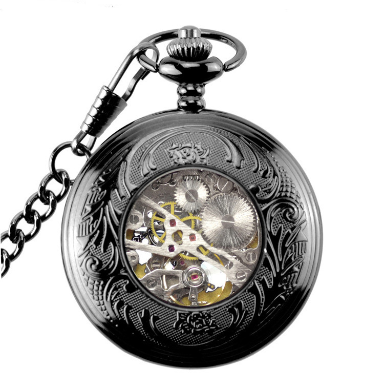 Fashion Blue Analog Hollow Case Men Manual Mechanical Movement Pocket Watch With Long Chain Steampunk Hand Winding Clock Gift