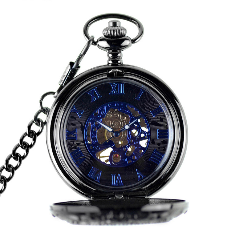 Fashion Blue Analog Hollow Case Men Manual Mechanical Movement Pocket Watch With Long Chain Steampunk Hand Winding Clock Gift