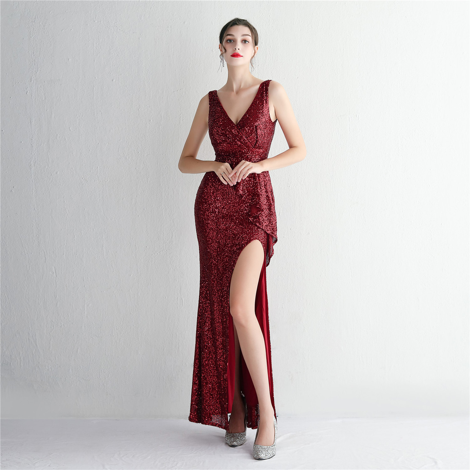 2024 New Nail bead Fashion Women's Sexy Deep V Neckline sequin evening dresses sexy long women Party Prom Evening Dress