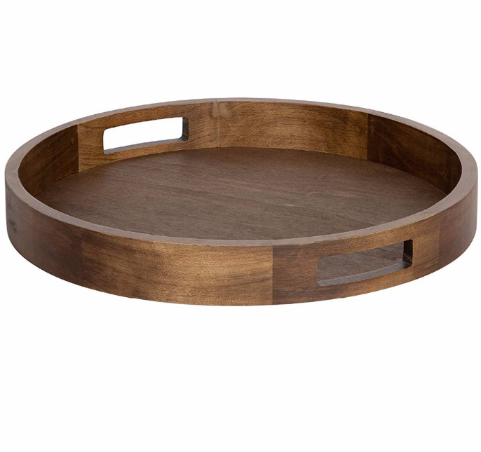 Wholesale Custom Large Small Size Rustic Brown Round Walnut Wood Serving Food Tray with Handles