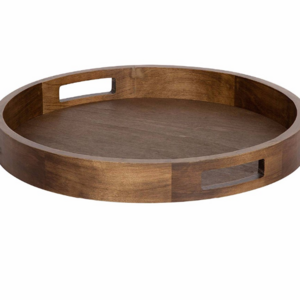 Wholesale Custom Large Small Size Rustic Brown Round Walnut Wood Serving Food Tray with Handles