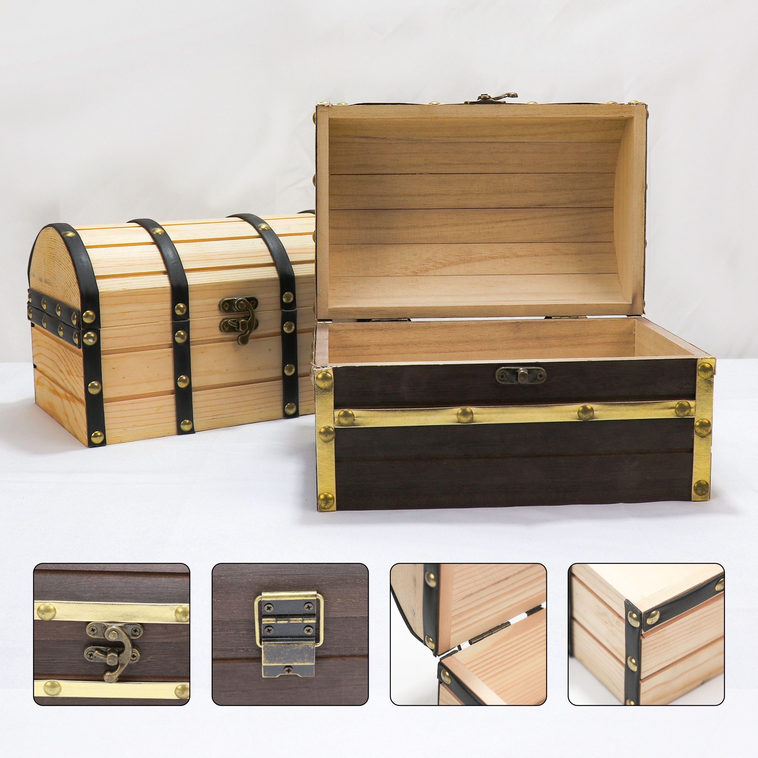 FSC&BSCI rustic paulownia Wood and Leather Treasure Chest Wooden Box Jewelry Box with Latch