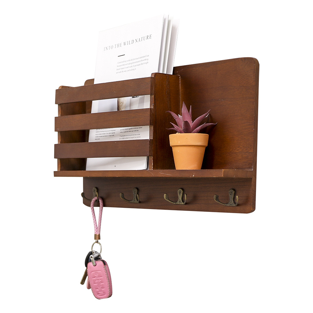 Wood products Decorative Rustic Wall Mounted Entryway Solid Wood Floating Mail Shelf Organizer with Coat Hooks