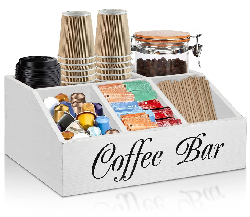 FSC&BSCI Station Organizer for Counter, Wood Coffee Pods Holder Storage Basket, Coffee and Tea Condiment Storage Organizer