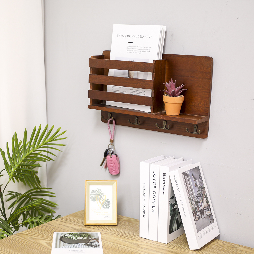 Wood products Decorative Rustic Wall Mounted Entryway Solid Wood Floating Mail Shelf Organizer with Coat Hooks