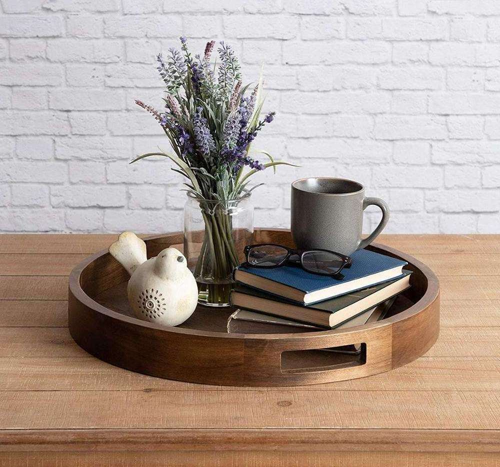 Wholesale Custom Large Small Size Rustic Brown Round Walnut Wood Serving Food Tray with Handles