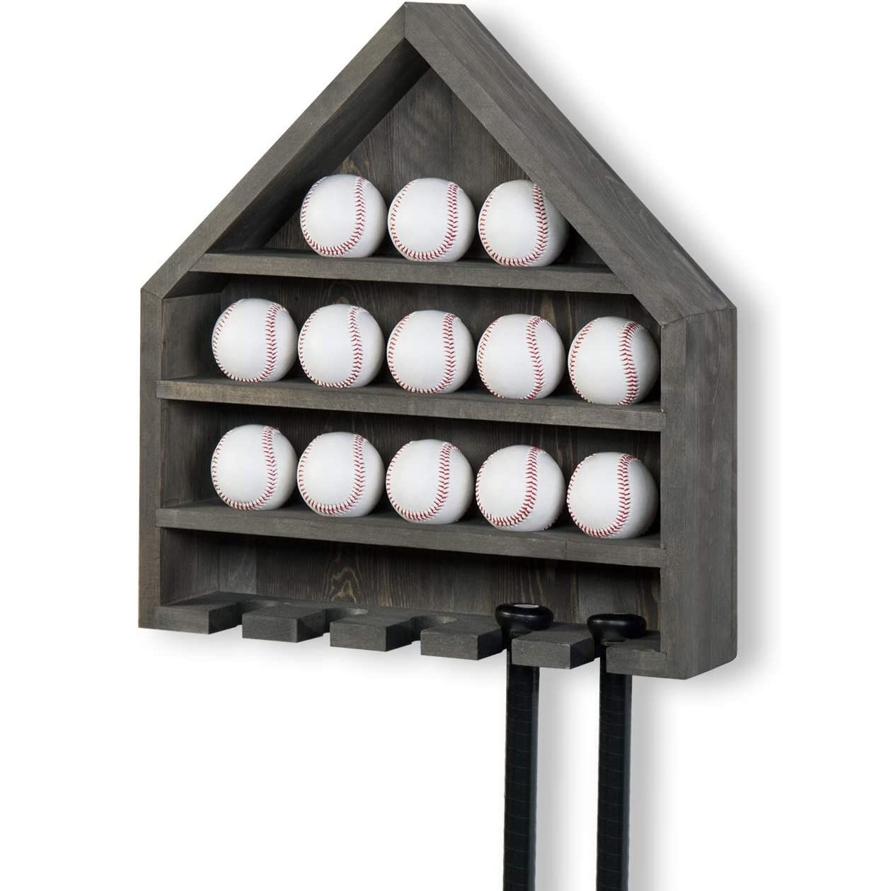 Wall Mounted Vintage Gray Wood baseball cap display rack Home Plate-Shaped Baseball and Bat Storage Display Shelf Rack