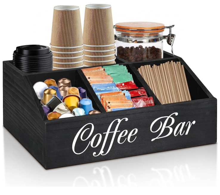 FSC&BSCI Station Organizer for Counter, Wood Coffee Pods Holder Storage Basket, Coffee and Tea Condiment Storage Organizer