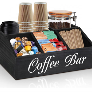 FSC&BSCI Station Organizer for Counter, Wood Coffee Pods Holder Storage Basket, Coffee and Tea Condiment Storage Organizer