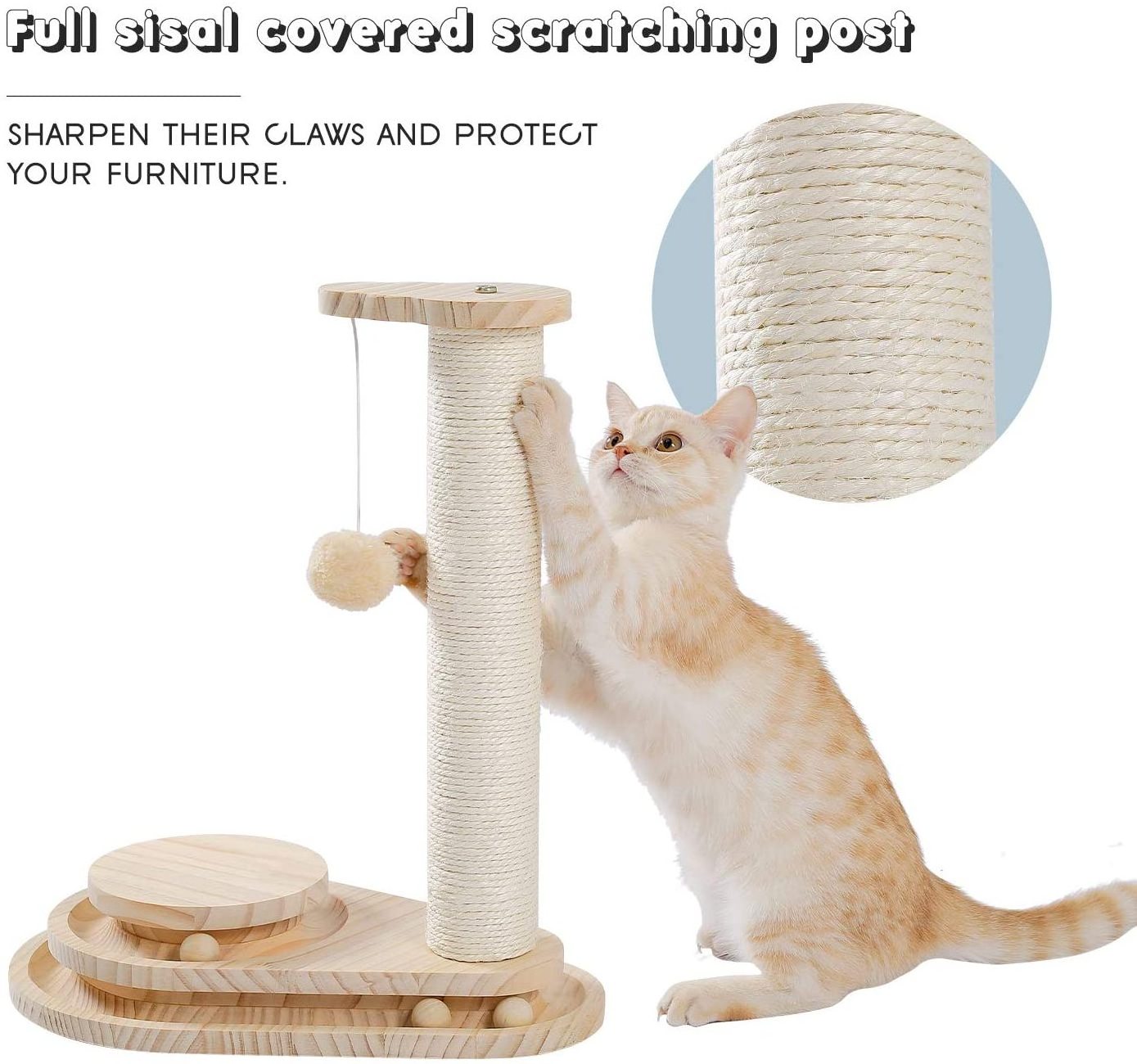 Wooden  Sustainable Cat Scratcher Wooden Sisal Small Plush wooden Cat Toy Tree Post For Cat