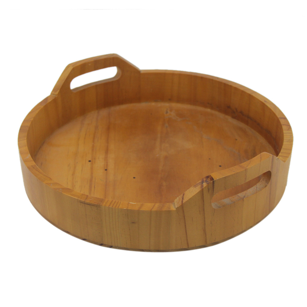 Wholesale Custom Large Small Size Rustic Brown Round Walnut Wood Serving Food Tray with Handles