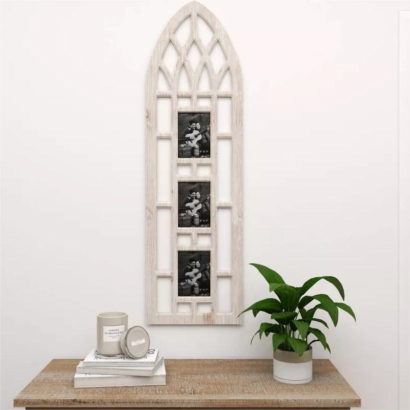 Customized Wall Mounted Wooden Sign Light Brown Window Arch Shape Large Wood 3 Slot Wall Photo Frame