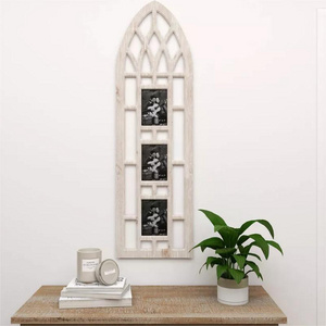 Customized Wall Mounted Wooden Sign Light Brown Window Arch Shape Large Wood 3 Slot Wall Photo Frame