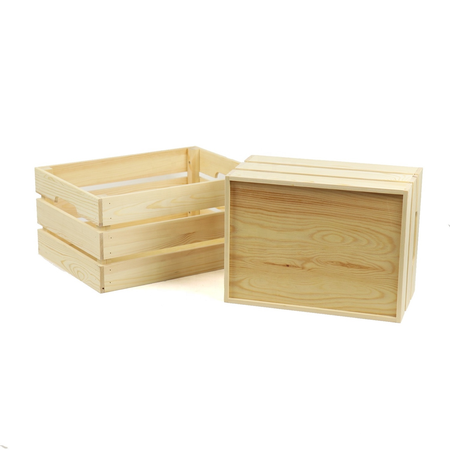 Unfinished pine wood storage box for collection of vegetables and fruit with cover and hanger for sale