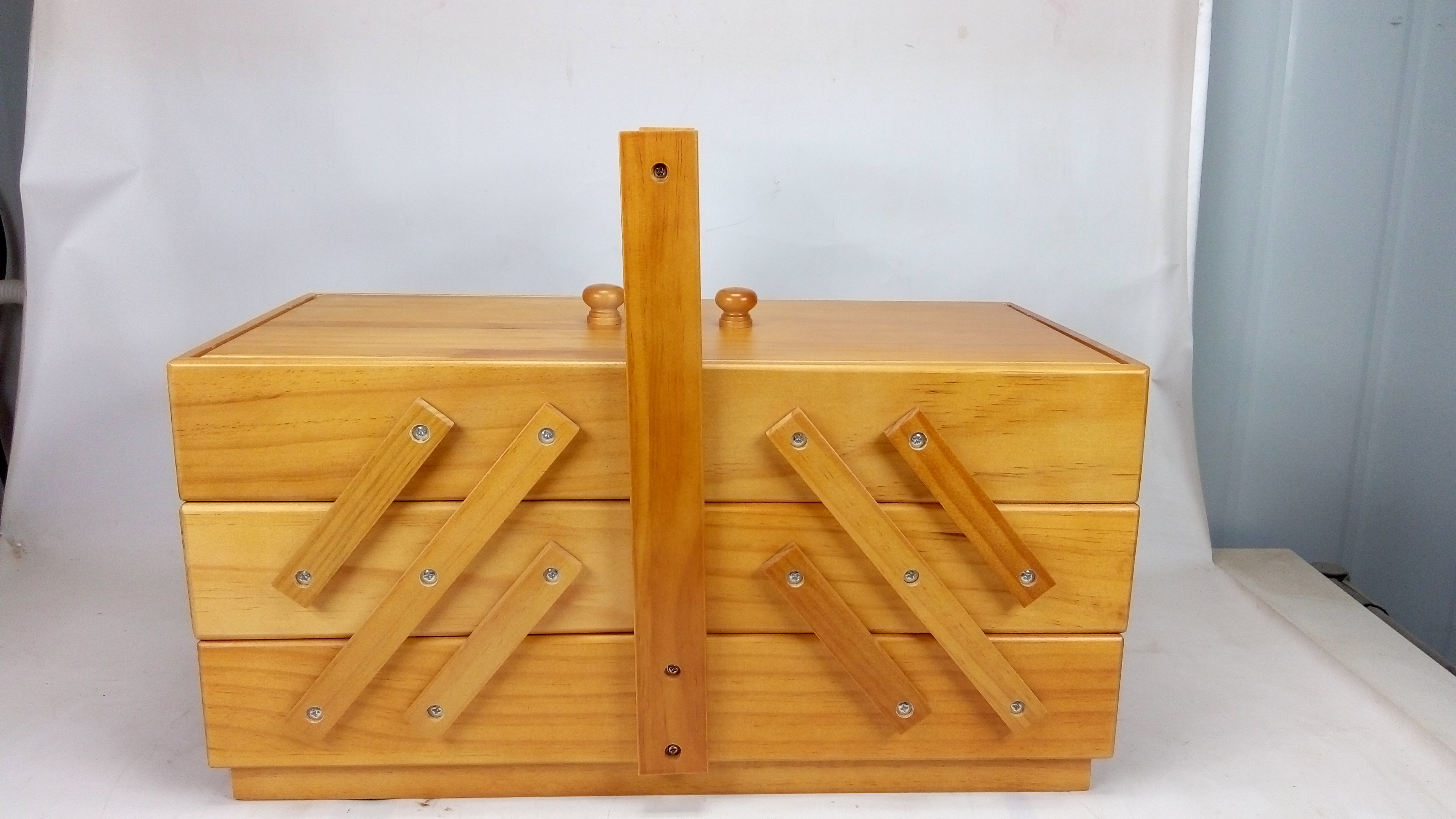 Wooden factory unfinished pine wooden folding sewing box in packaging box