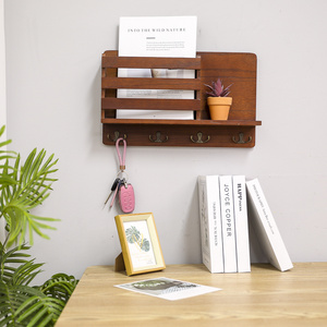 Wood products Decorative Rustic Wall Mounted Entryway Solid Wood Floating Mail Shelf Organizer with Coat Hooks