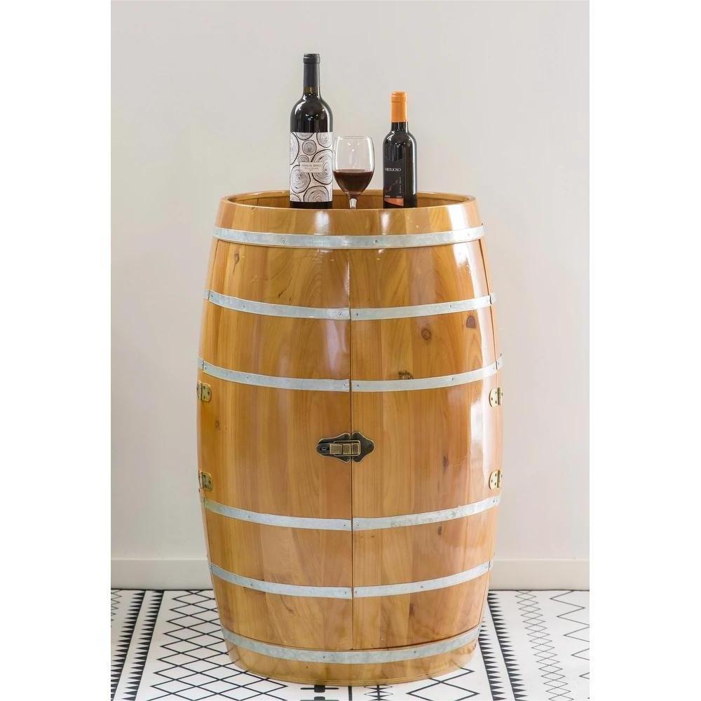 Home Decorative Customized Bar Lockable Solid Pine Brown Wine Barrel Shaped Wooden Wine Holder Storage Cabinet