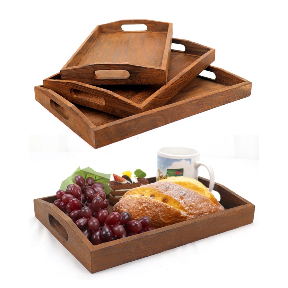 Custom Decorative Coffee Tea Bamboo Wooden Breakfast Food Tray Acacia Wood Serving Tray with Handles