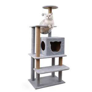 Wholesale ODM OEM modern luxury custom size plush wooden cat scratcher house tower condo cat tree for large cats