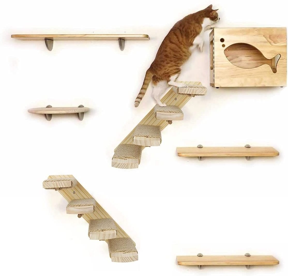 Cat Climbing Shelf Wall Mounted Cat Stairs Ladder Shelf with Jute Scratching for Cat Climbing and Playing