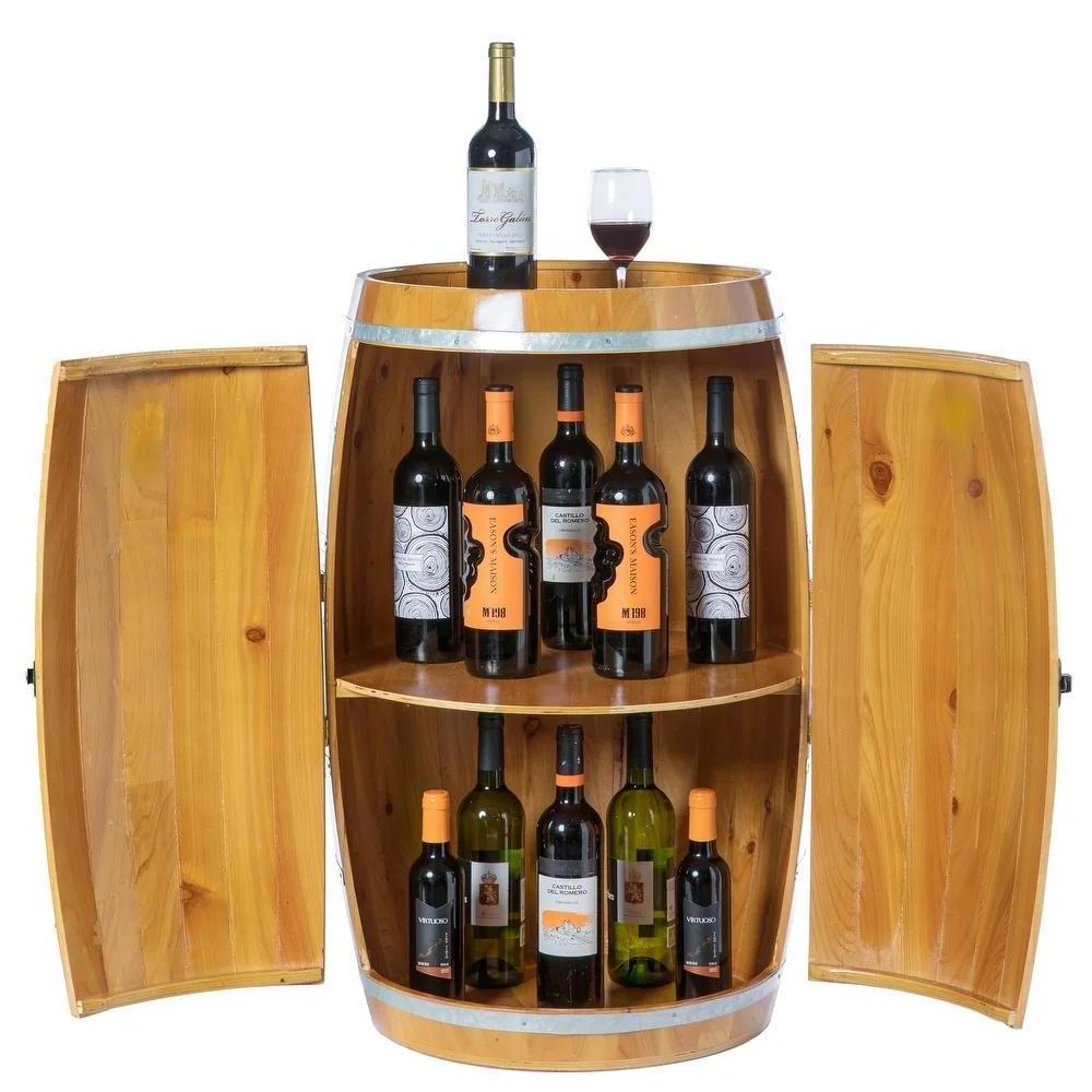 Home Decorative Customized Bar Lockable Solid Pine Brown Wine Barrel Shaped Wooden Wine Holder Storage Cabinet