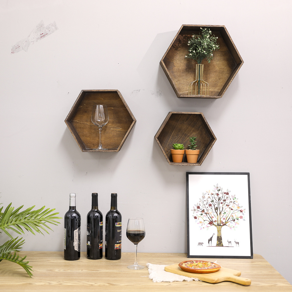 Extra Large wall mounted shelf set wooden hexagon floating shelves for home decor