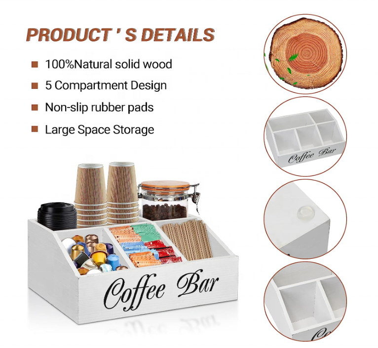 FSC&BSCI Station Organizer for Counter, Wood Coffee Pods Holder Storage Basket, Coffee and Tea Condiment Storage Organizer