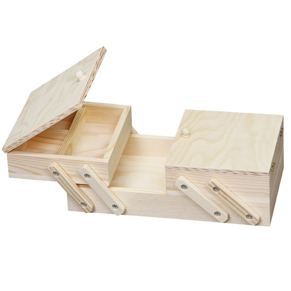 Wooden factory unfinished pine wooden folding sewing box in packaging box