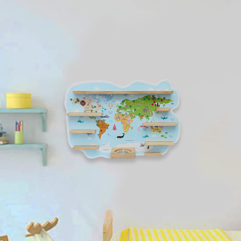 Factory wholesale Tonie regal toy storage wooden rack wall mounted hanging Plywood kids  Toniebox world map shape wood shelf