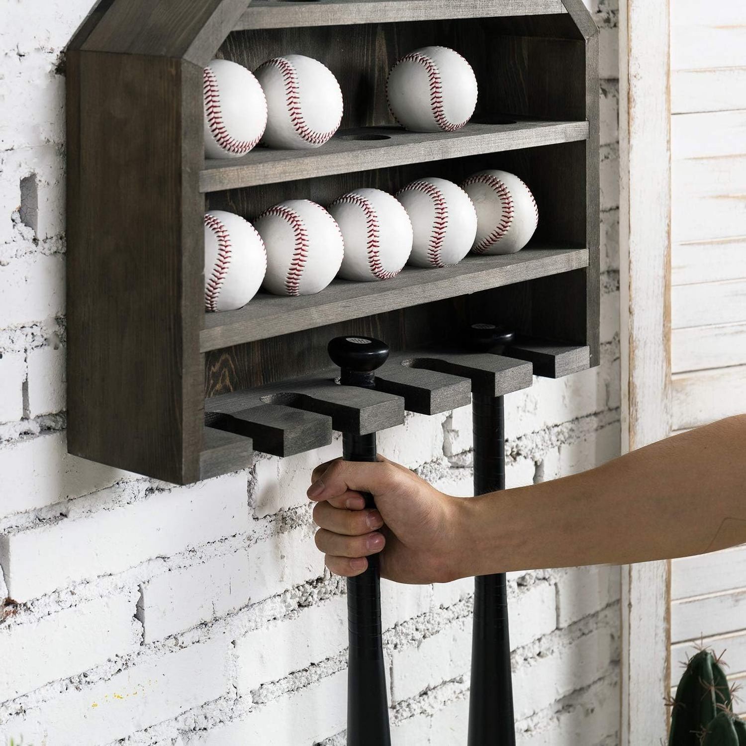 FSC BSCI Customized Home Plate-Shaped Wall Mounted Gray Wood Baseball and Bat Storage Display Shelf Rack