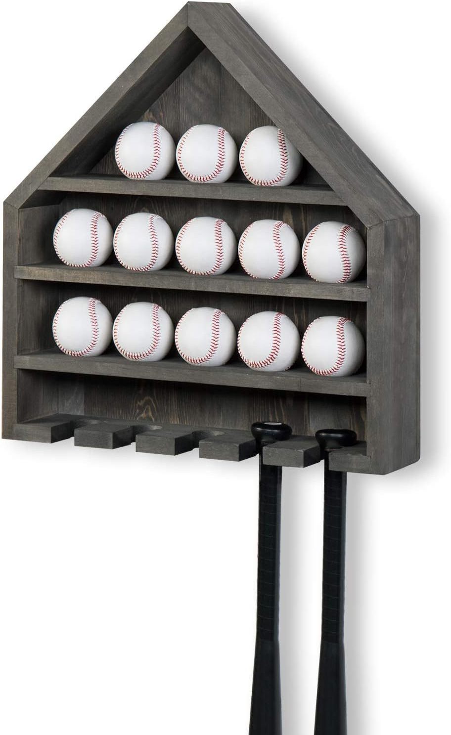 FSC BSCI Customized Home Plate-Shaped Wall Mounted Gray Wood Baseball and Bat Storage Display Shelf Rack