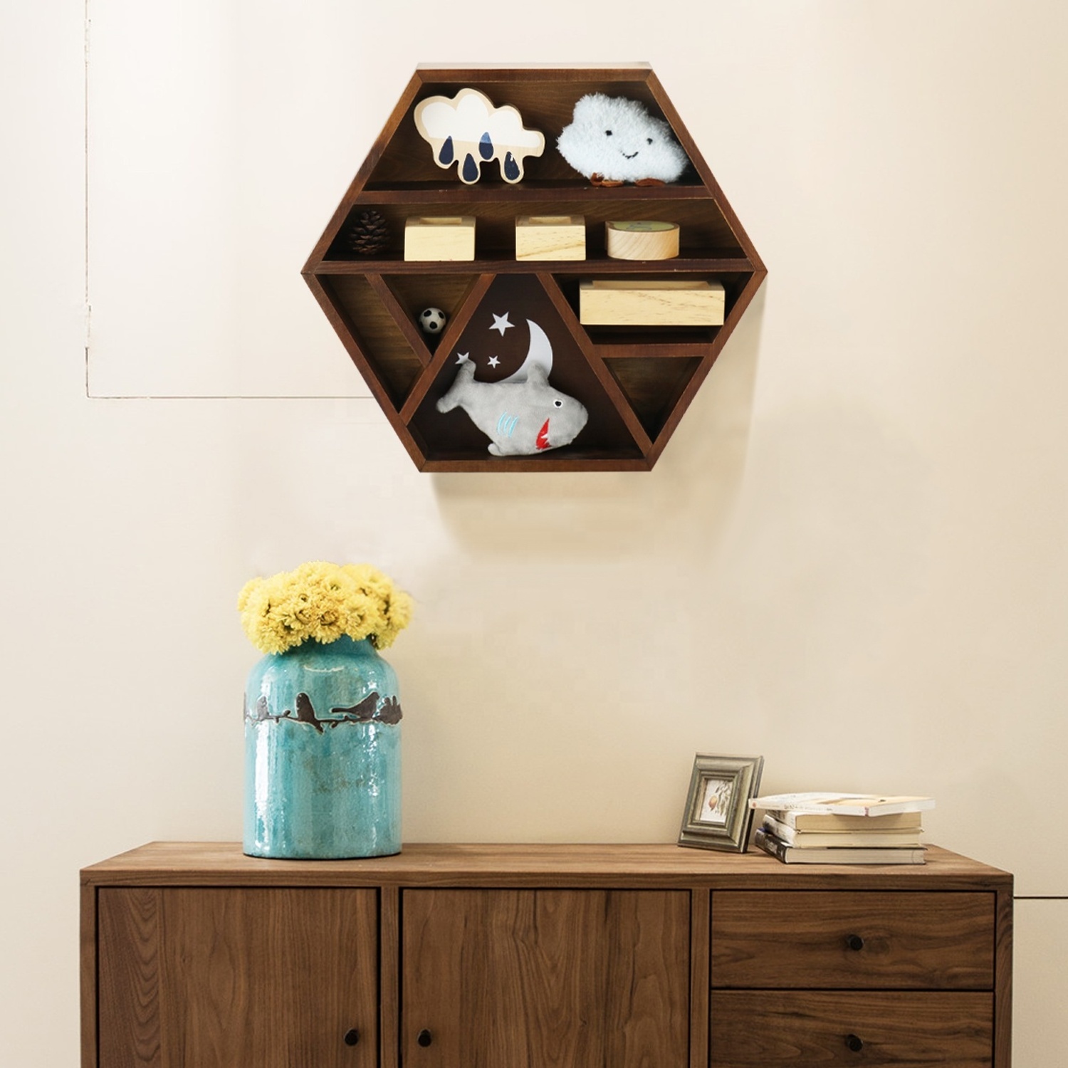 hot-selling Customized Durable Wooden Hexagon solid wood wall mounted shelf Display Shelf Holder Rustic Wall Decor