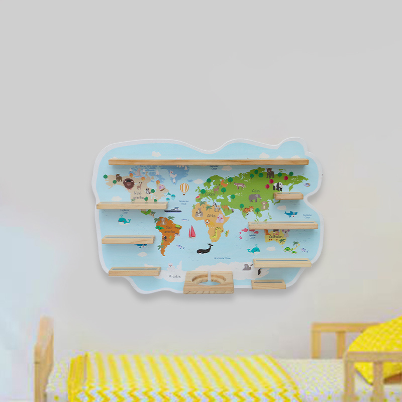 Factory wholesale Tonie regal toy storage wooden rack wall mounted hanging Plywood kids  Toniebox world map shape wood shelf