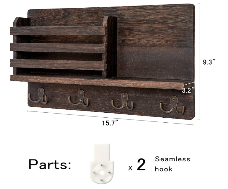 rustic wooden Wall Mounted Mail Holder Wooden Key Holder Rack Mail Sorter Organizer with 4 Double Key Hooks and A Floating Shelf