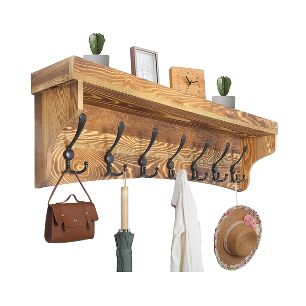 2022 new shape factory  wall mounted rustic wood coat rack with metal hooks