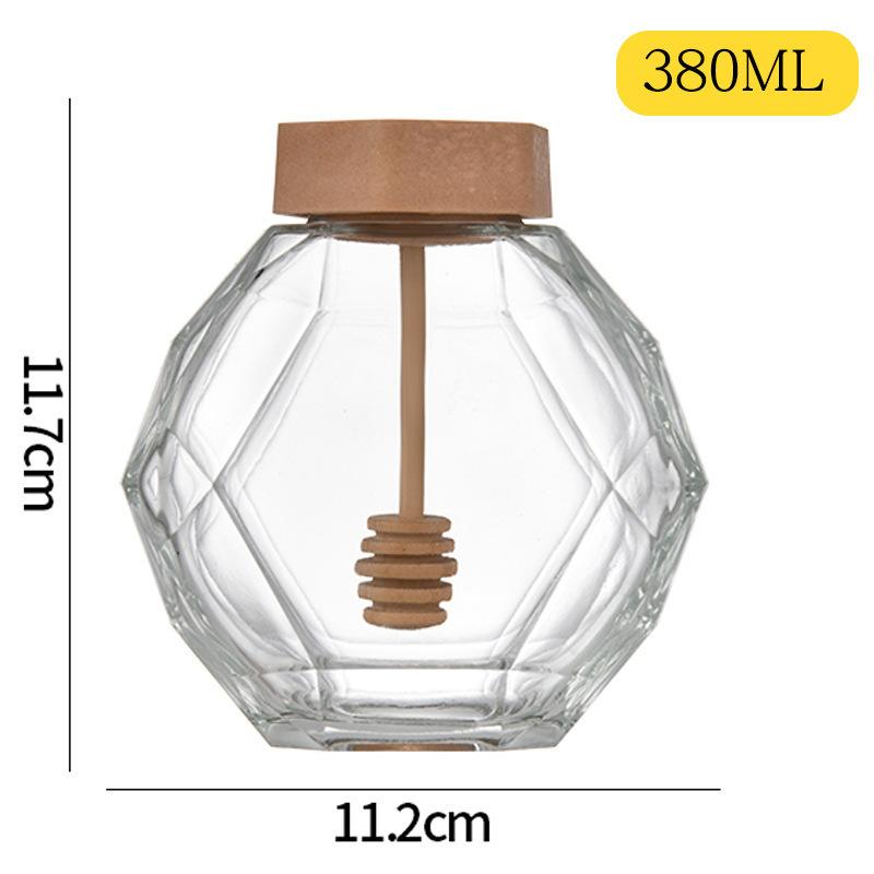 Empty 250g 500g Hexagon Food Grade Pot De Miel Glass Honey Jar With Bamboo Lid Wooden Dipper For Honey Syrup Beehive Storage