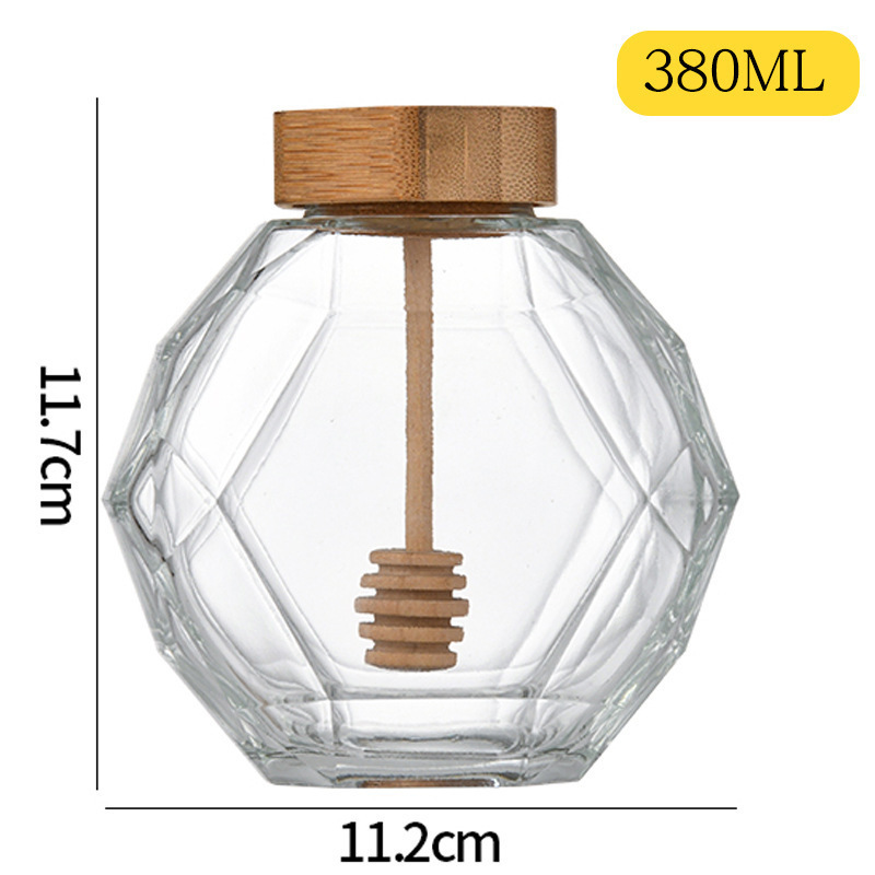 Empty 250g 500g Hexagon Food Grade Pot De Miel Glass Honey Jar With Bamboo Lid Wooden Dipper For Honey Syrup Beehive Storage