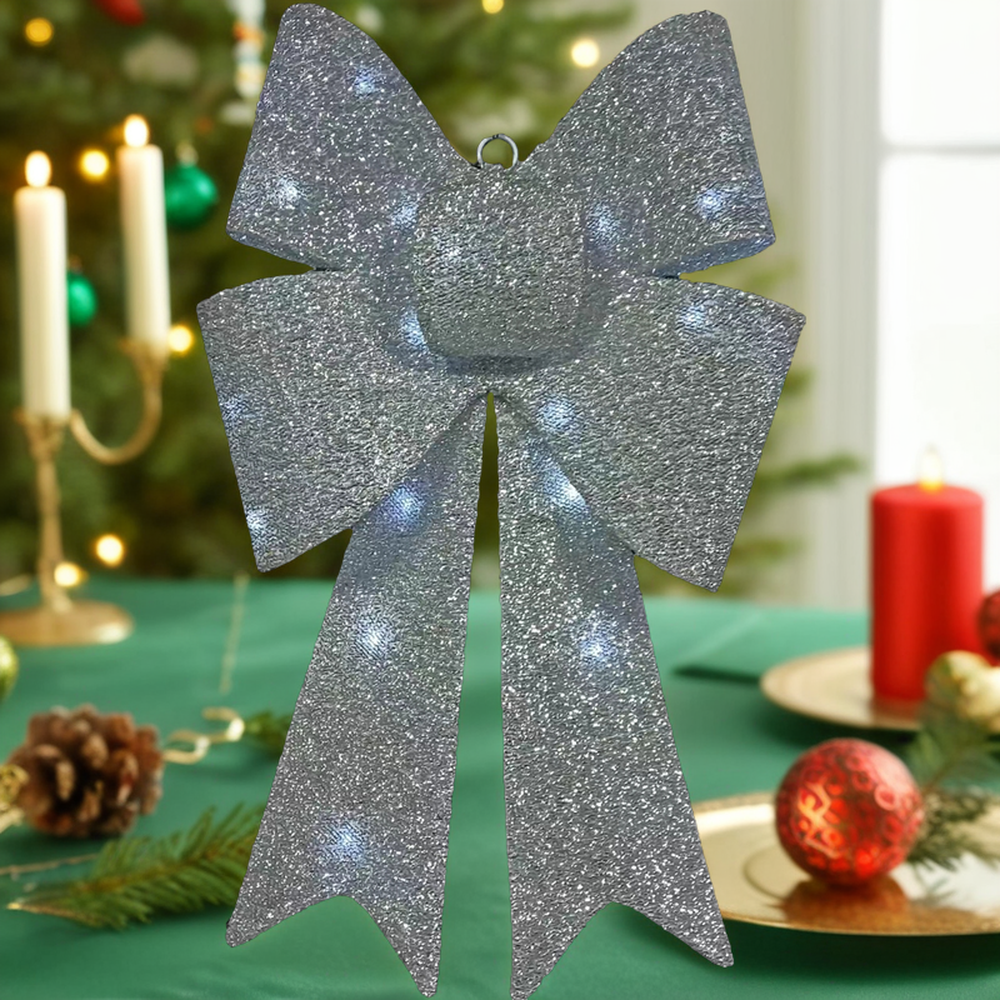 Modern Art Deco Silver Bow Hanging Custom Fabric Decorative Home Outdoor Handicraft Technique Christmas Interior Decoration