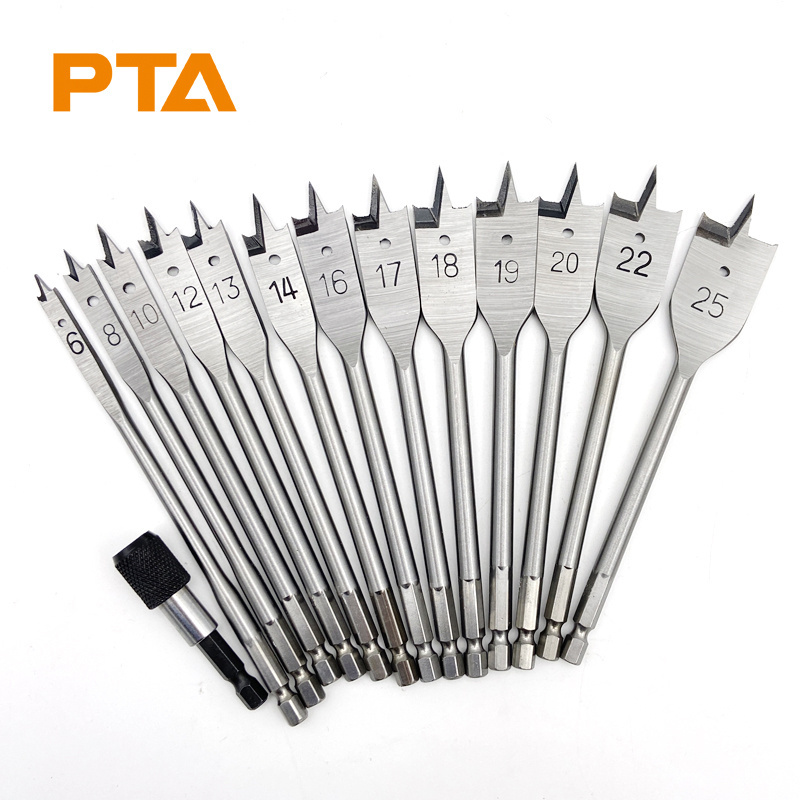 14pcs Wood Flat Drill Bits 1/4 inch Hex Shank Tri-Point Paddle Spade Drill Bits Set in wooden box