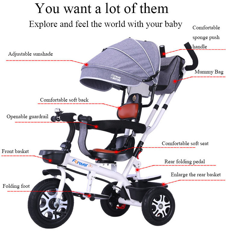 Baby Stroller 3 In 1 Portable Baby Tricycle Stroller Children Tricycle Bike Bicycle Sit Flat Lying kid Trike Trolley Swivel Seat